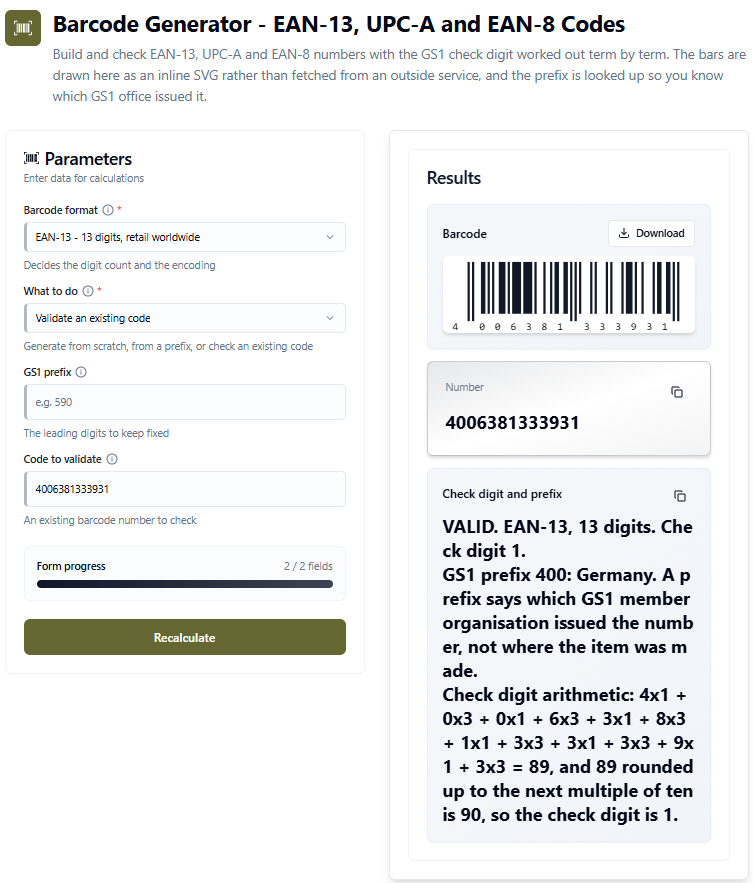 Barcode Generator validating EAN-13 code 4006381333931, showing the drawn barcode, the GS1 prefix 400 for Germany and the full check digit arithmetic summing to 89