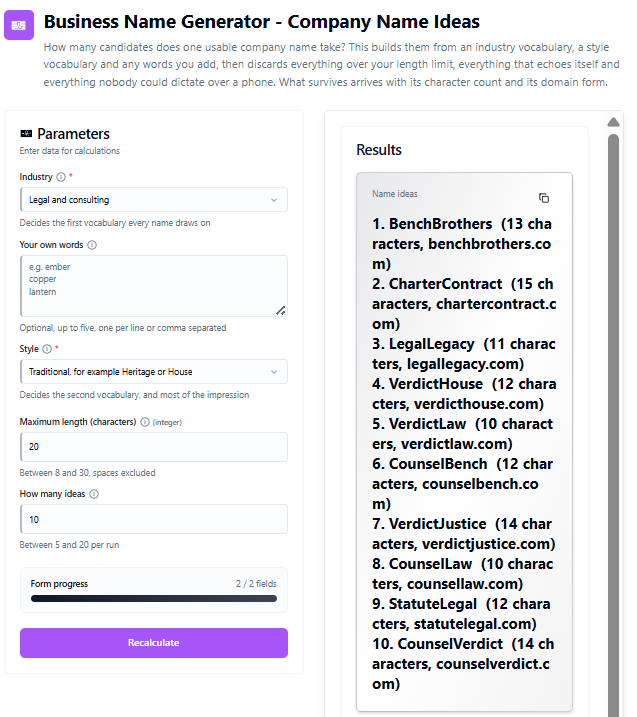 Business name generator showing ten candidate names for a legal business in the traditional style, each with its character count and domain form
