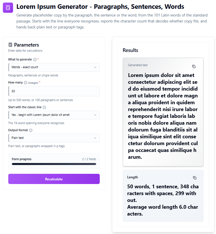 Lorem Ipsum Generator set to 50 words with the classic opening line, showing the generated text and a length readout of 50 words and 348 characters with spaces