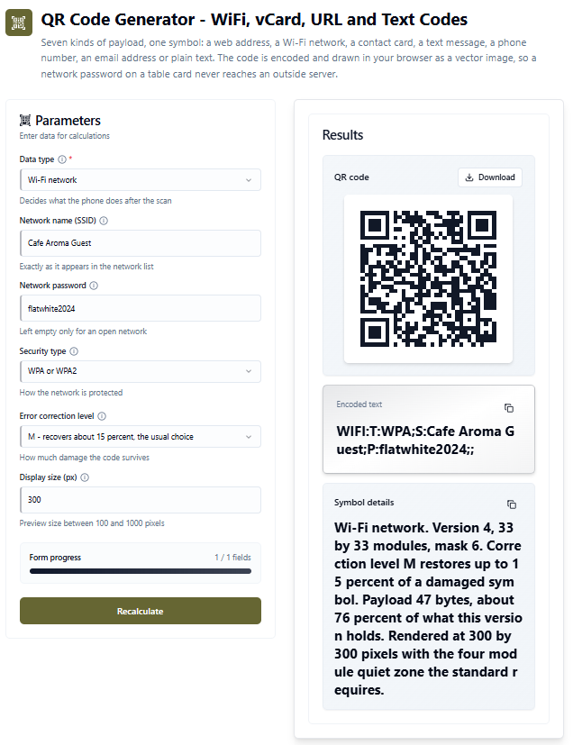 QR code generator with a Wi-Fi payload, reporting version 4, 33 by 33 modules, mask 6, and a 47 byte payload