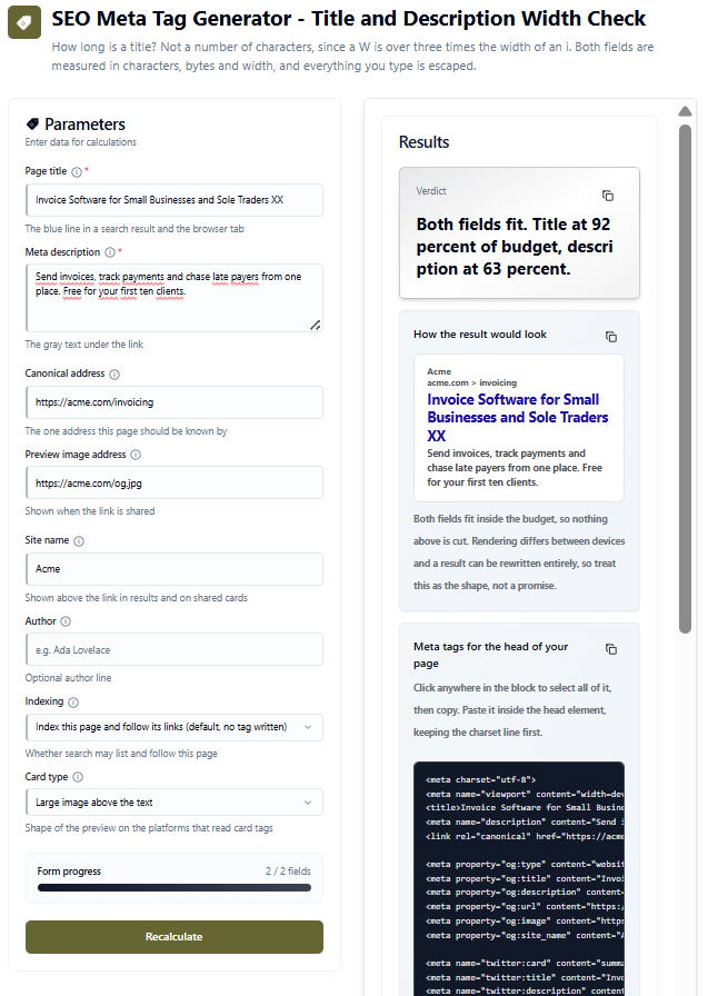 SEO meta tag generator measuring a 57 character title at 52.3 of 57 width units, 92 percent of budget, with the description at 63 percent