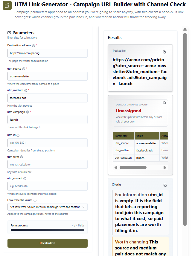 UTM link generator reporting the default channel group Unassigned for the medium facebook-ads, with the parameter breakdown underneath