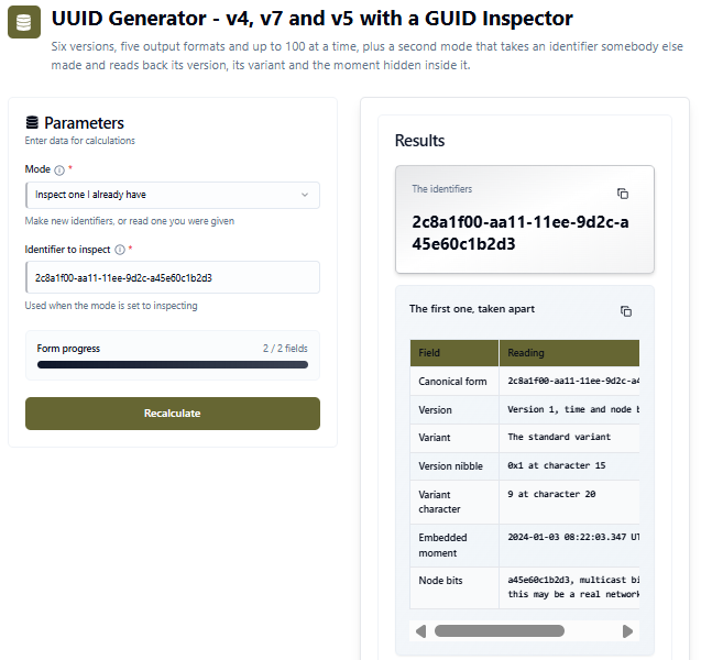 UUID generator in inspect mode reading a version 1 identifier back as version 1, standard variant, with the embedded moment and a warning that the node field may be a real network card address